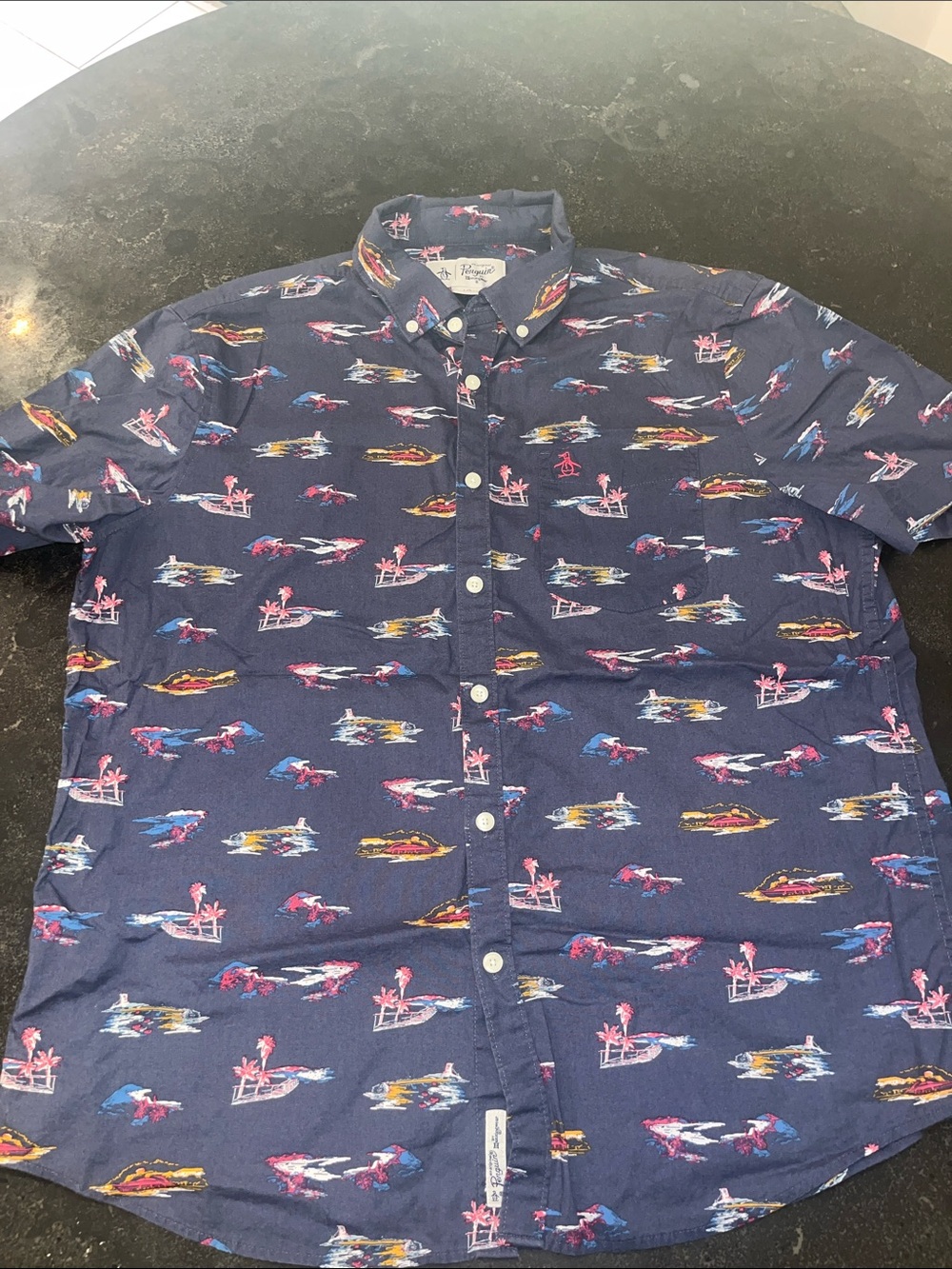 Original Penguin Navy Button-Down with Pink & Blue Tropical Accent - Picture 1 of 2